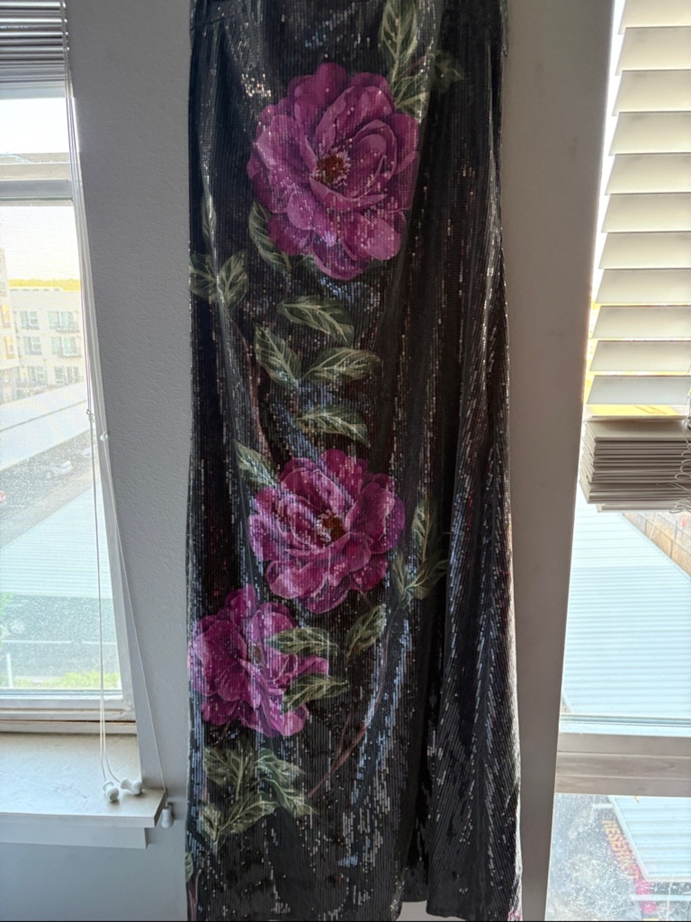 Aqua Black Sequin Strapless Dress with Pink Floral Embroidery